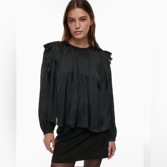 Wilfred Bernardin Blouse Relaxed Satin Long sleeve Ruffles Black Size Small NWT - Picture 14 of 14